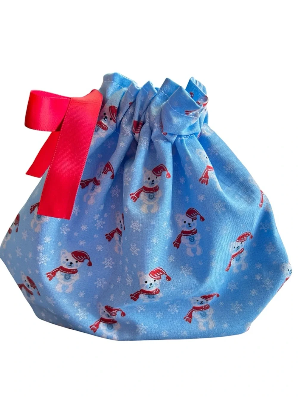 Hand Crafted Blue Snowman Drawstring Gift Bag Red Ribbon Eco Friendly Reusable
